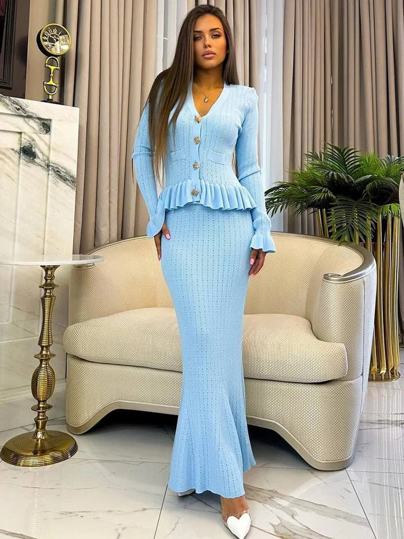 Elegant Knitted Matching Long Office Two Piece Set
