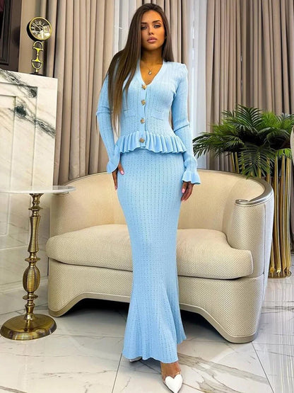 Elegant Knitted Matching Long Office Two Piece Set