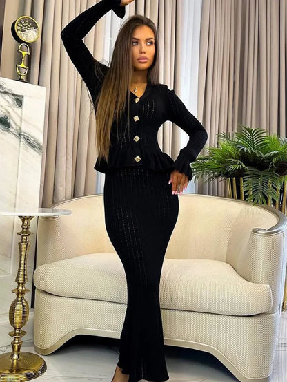 Elegant Knitted Matching Long Office Two Piece Set