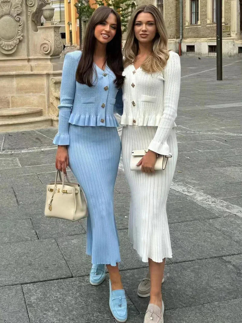 Elegant Knitted Matching Long Office Two Piece Set