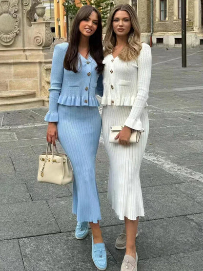 Elegant Knitted Matching Long Office Two Piece Set