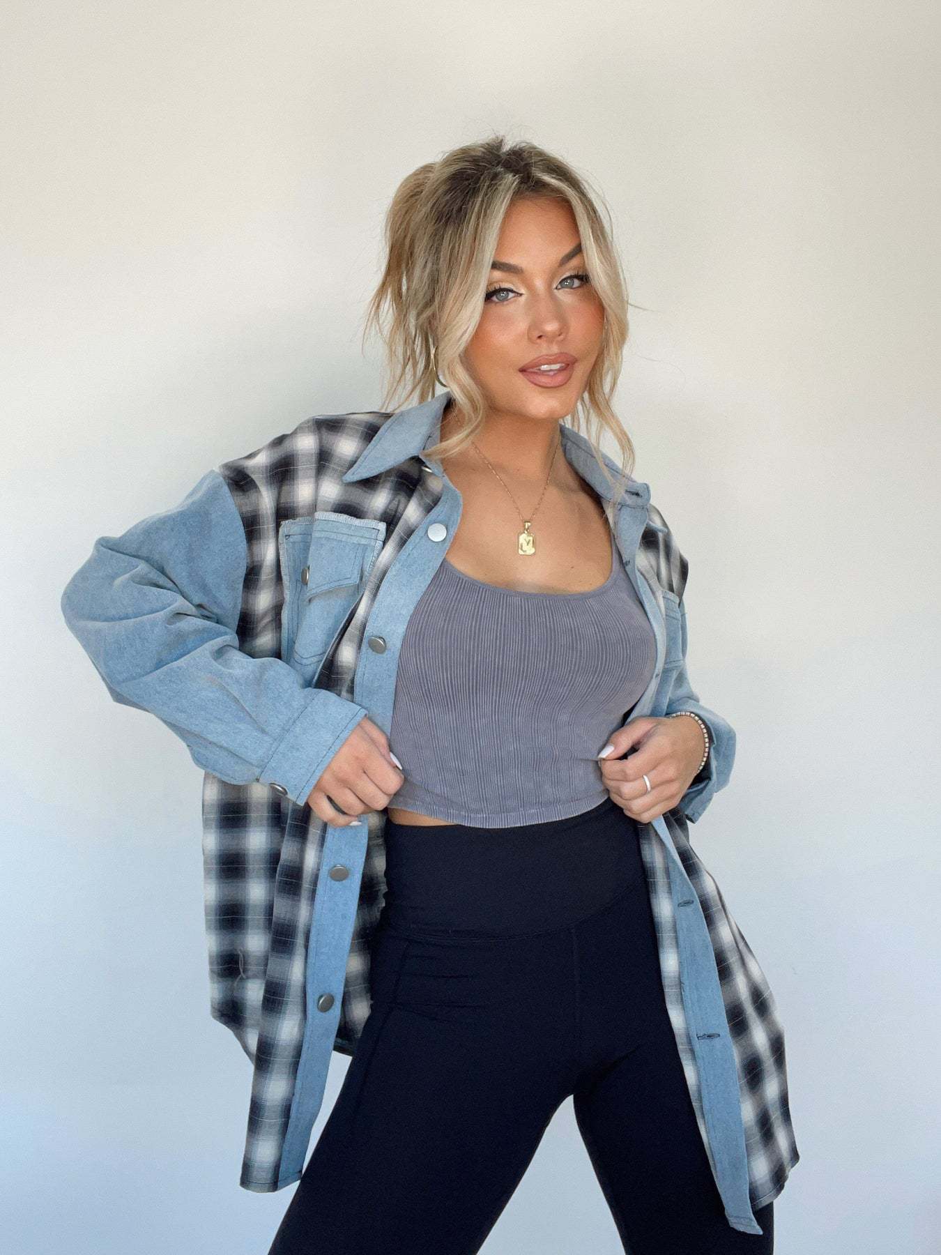 Dalila® | Checked denim button-front blouse for women