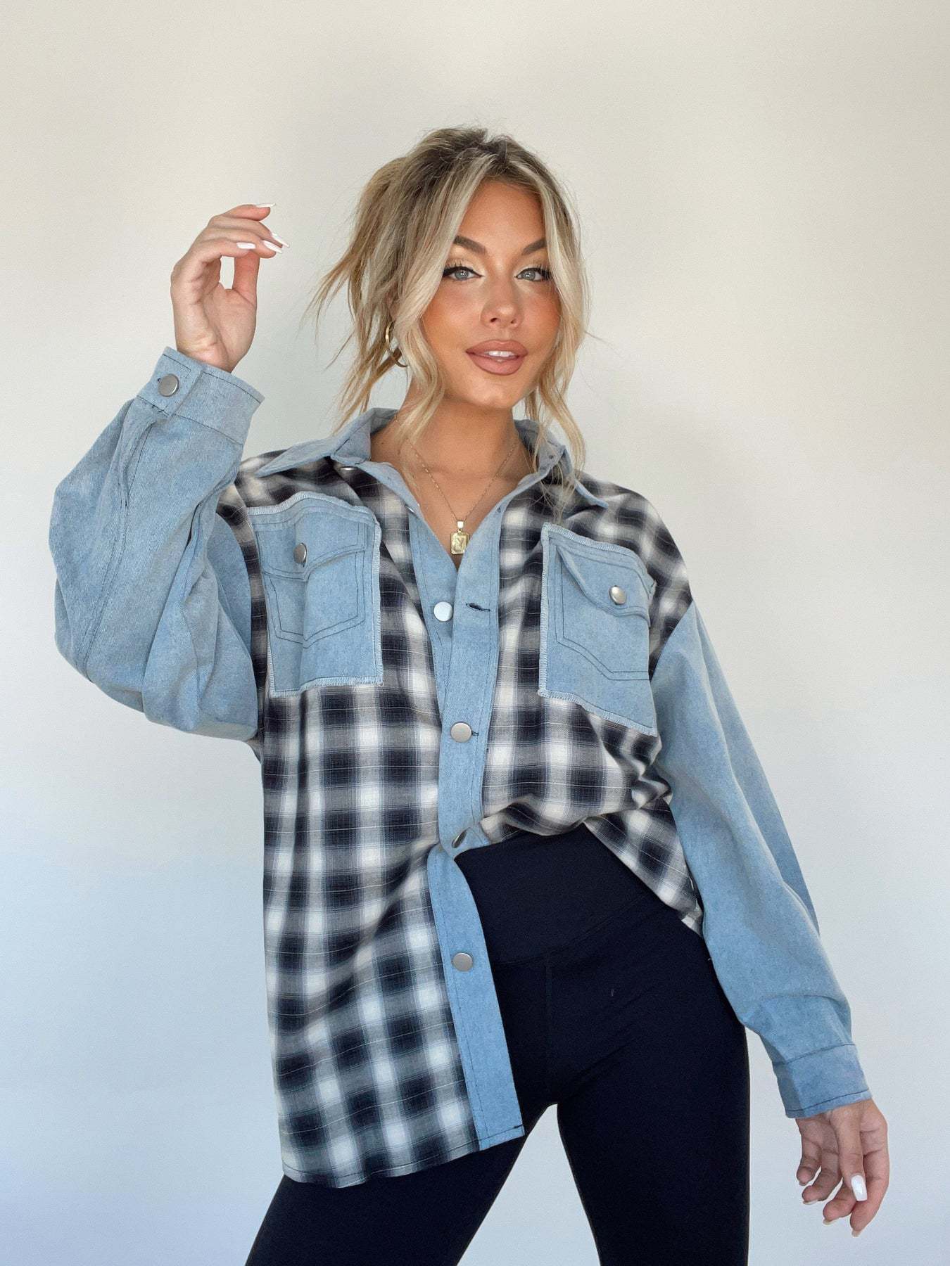Dalila® | Checked denim button-front blouse for women