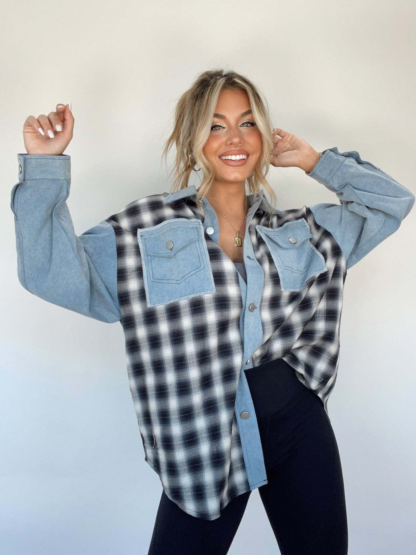 Dalila® | Checked denim button-front blouse for women
