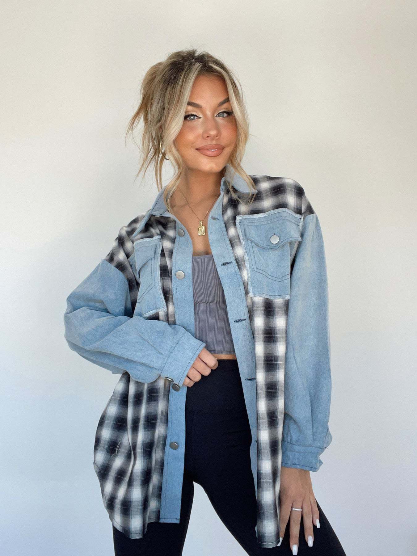 Dalila® | Checked denim button-front blouse for women