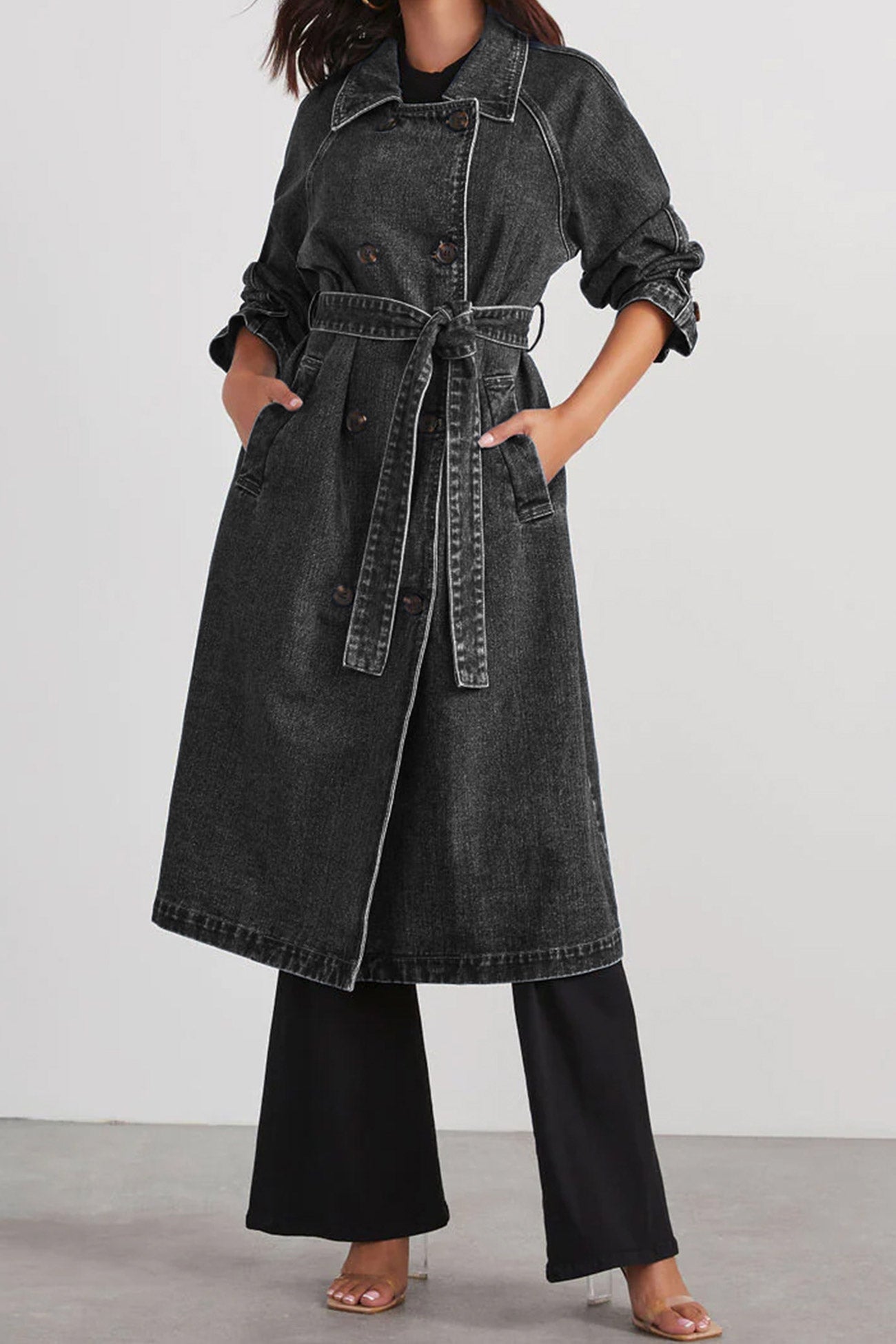 Maite | Double-breasted denim trench coat with straps