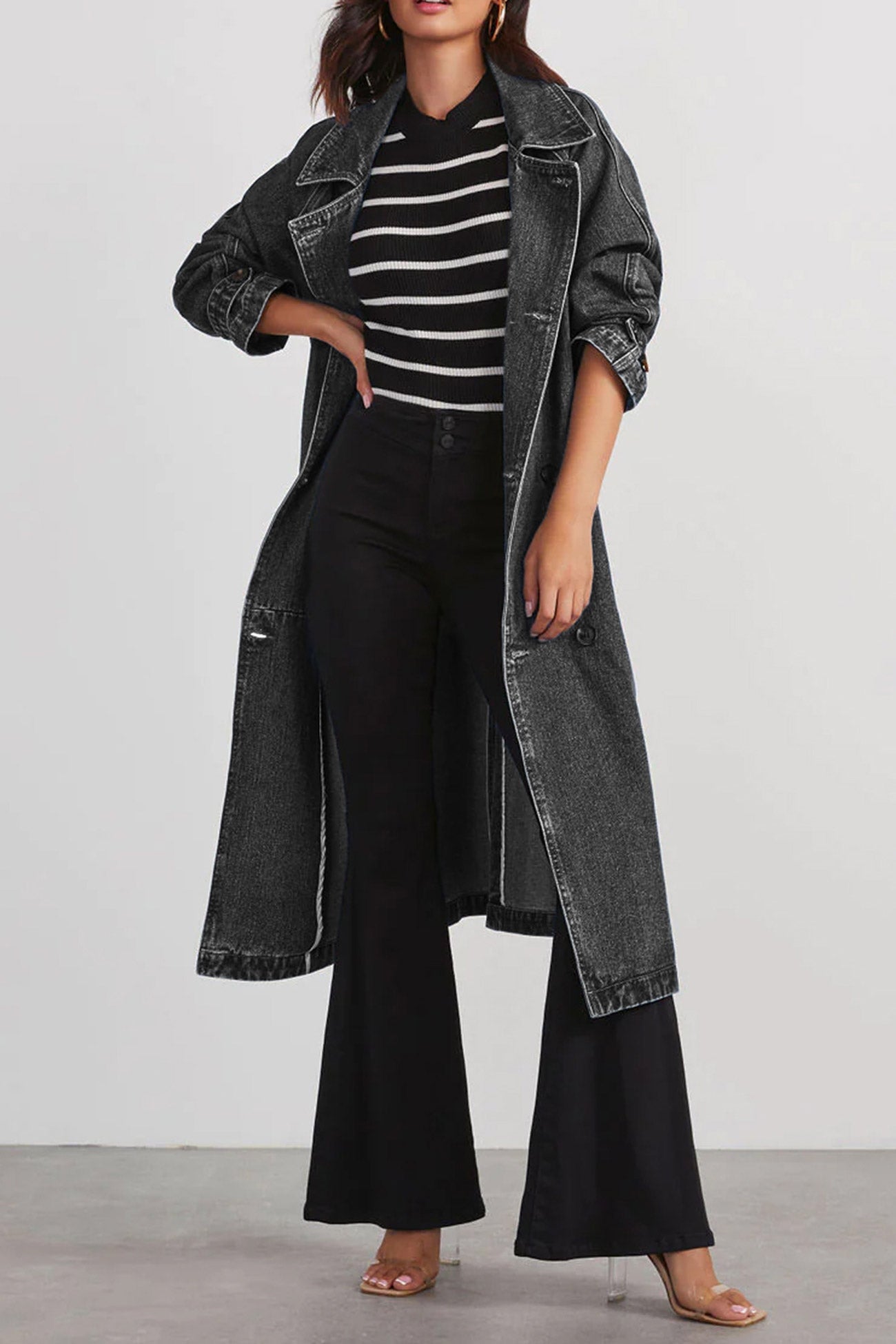 Maite | Double-breasted denim trench coat with straps