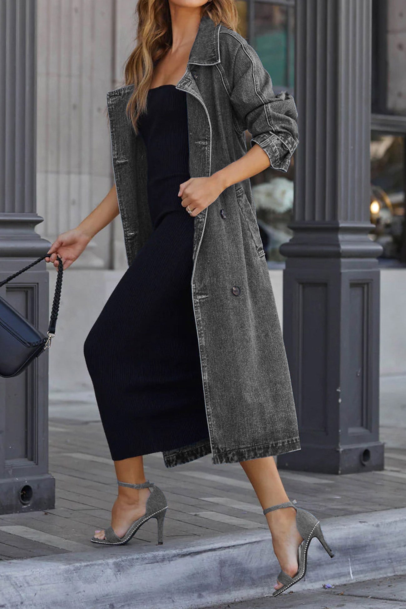 Maite | Double-breasted denim trench coat with straps