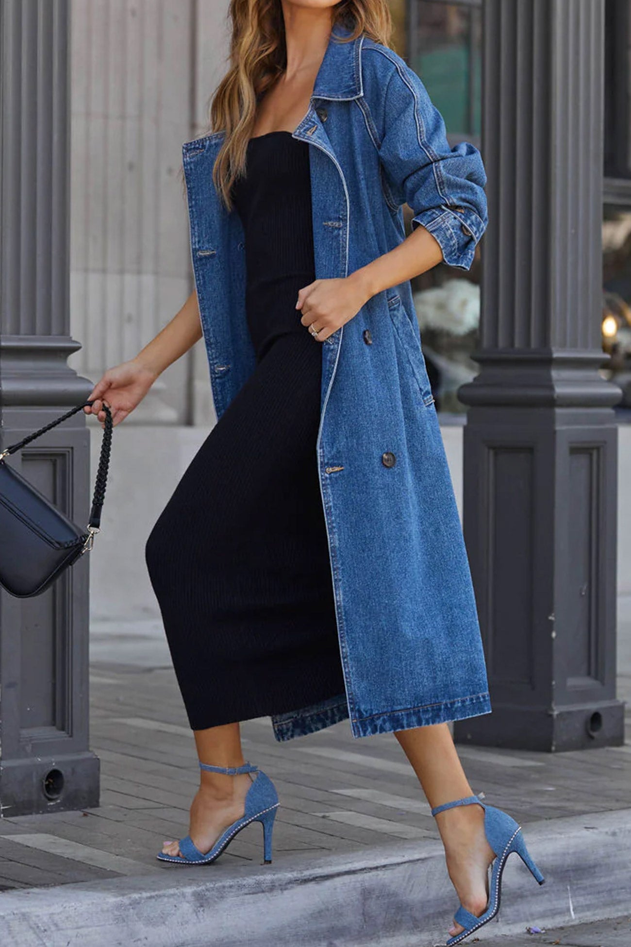 Maite | Double-breasted denim trench coat with straps