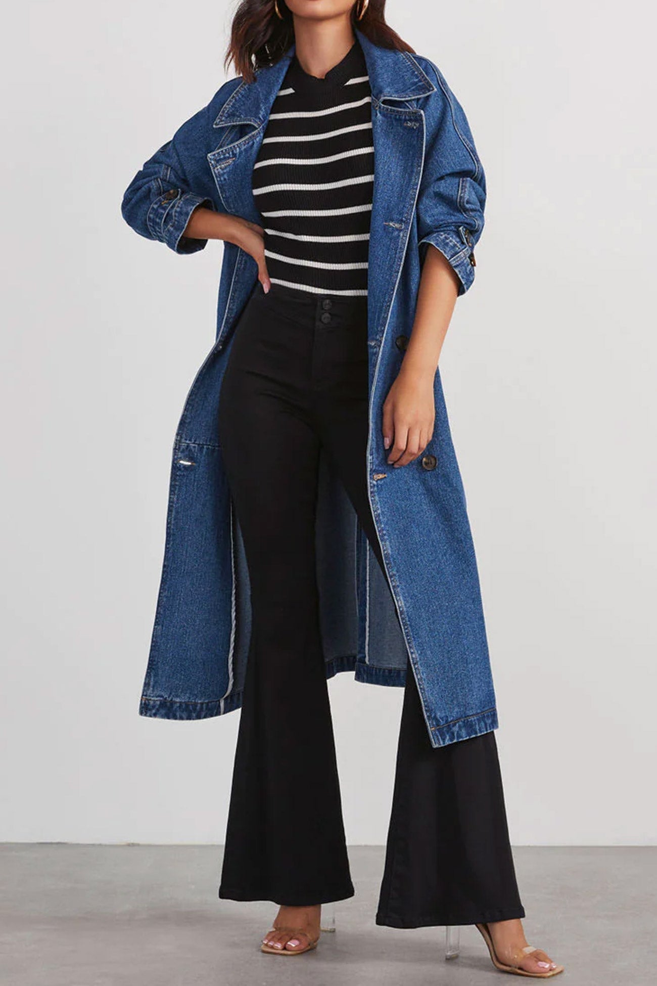Maite | Double-breasted denim trench coat with straps