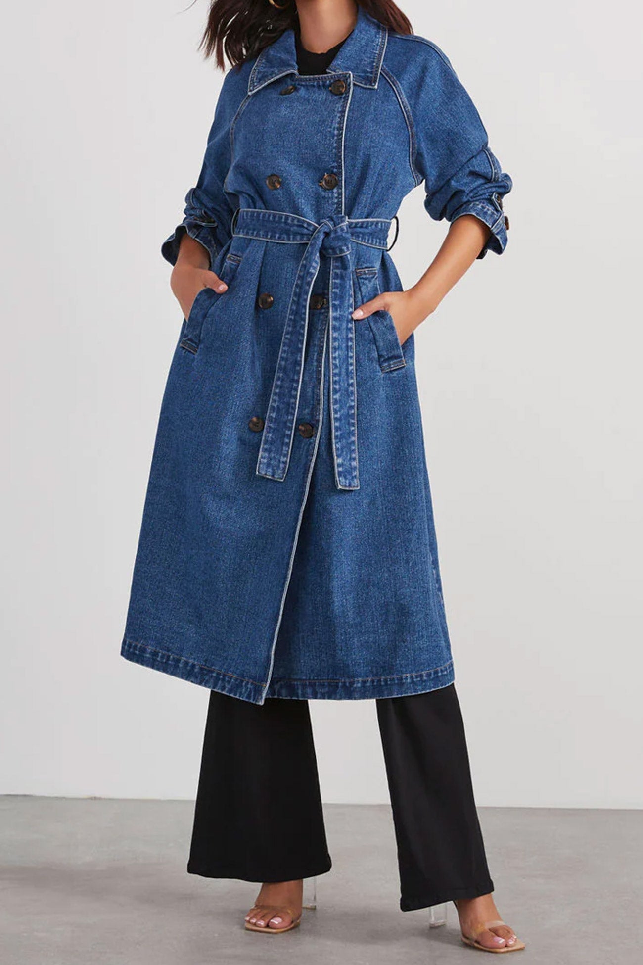 Maite | Double-breasted denim trench coat with straps