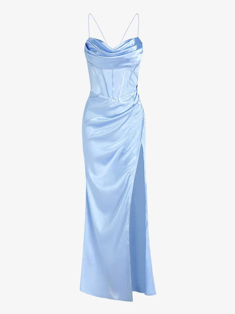 Elegant Satin Cowl Front Lace Up Corset Red Party Dress