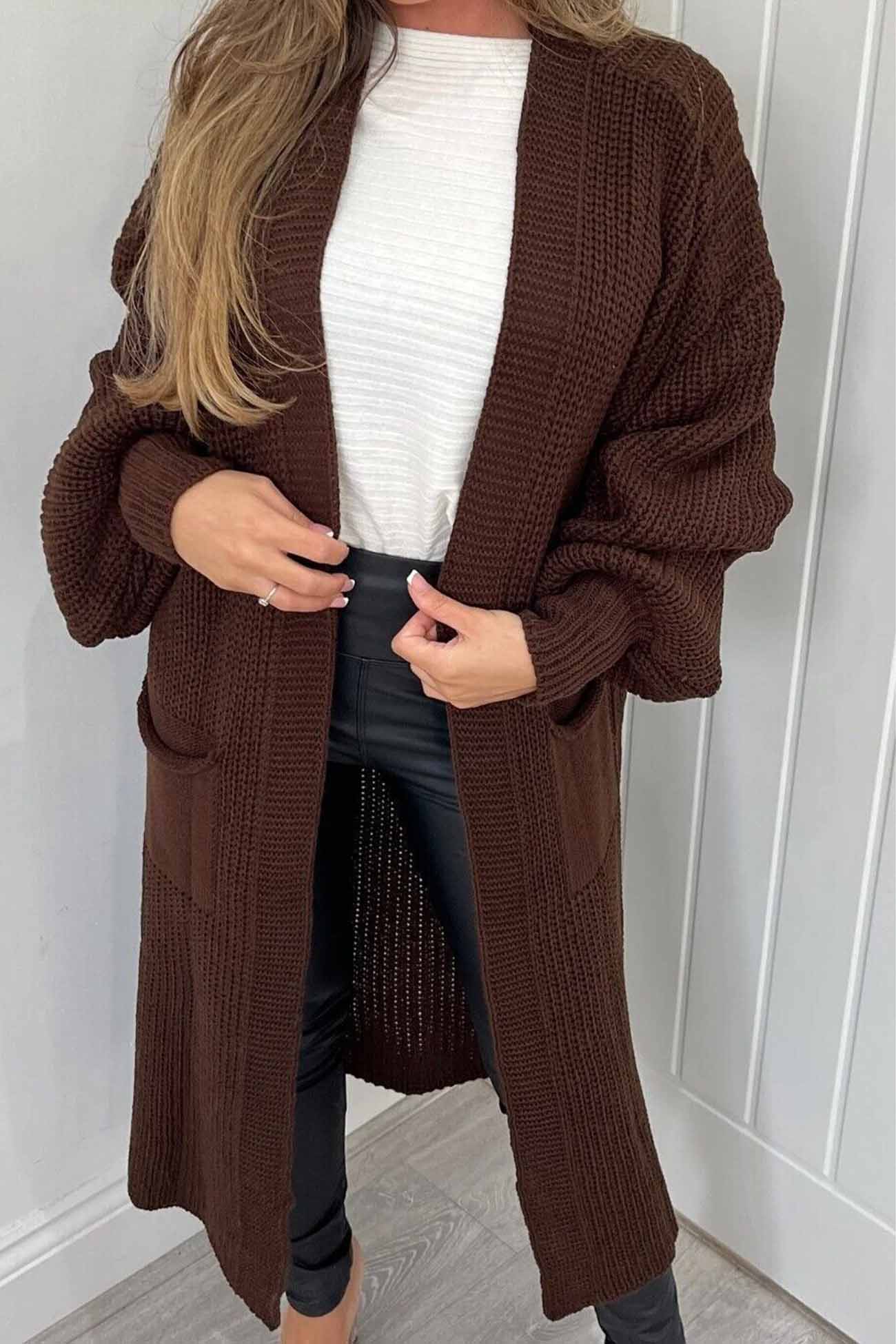 Hilda | Long cardigan with dropped shoulders, lantern sleeves and pockets