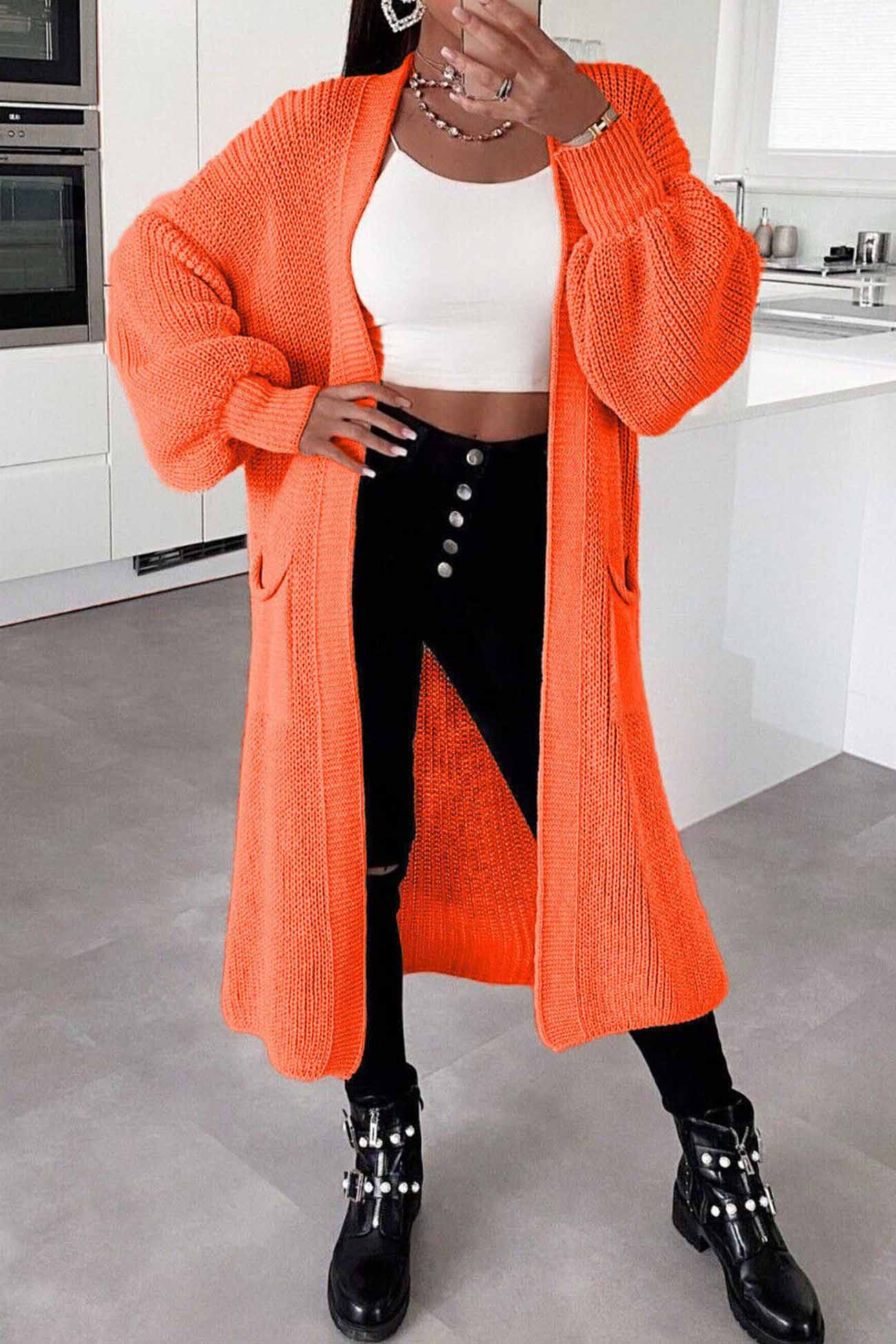 Hilda | Long cardigan with dropped shoulders, lantern sleeves and pockets