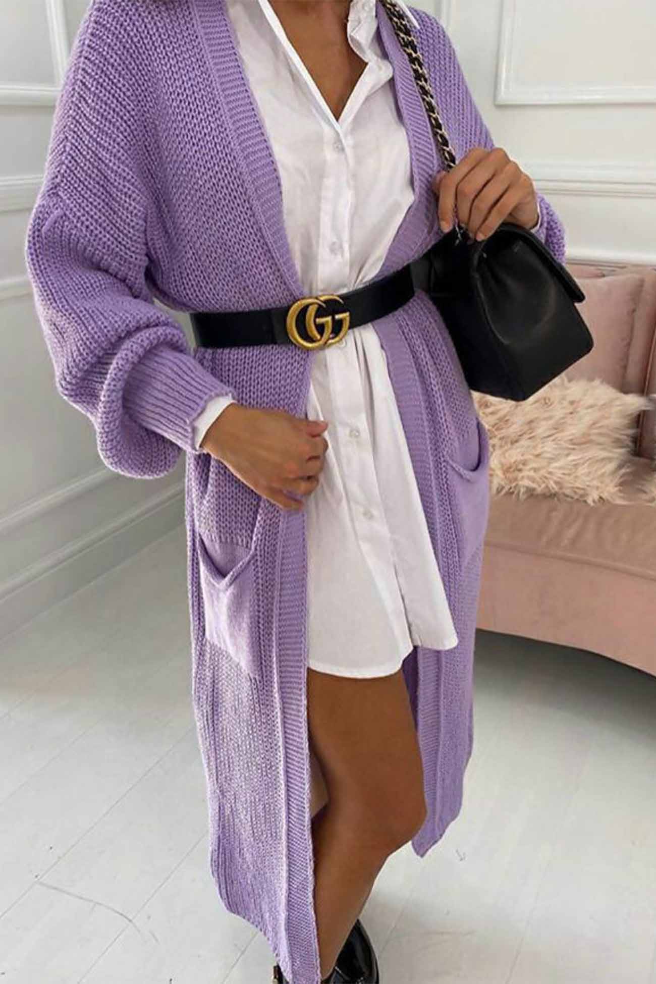 Hilda | Long cardigan with dropped shoulders, lantern sleeves and pockets