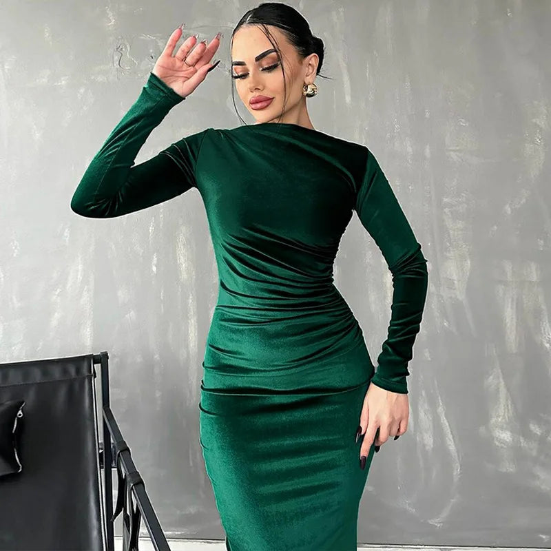 Velvet Long Sleeve Midi Dress - Elegant Party Clothes for Party