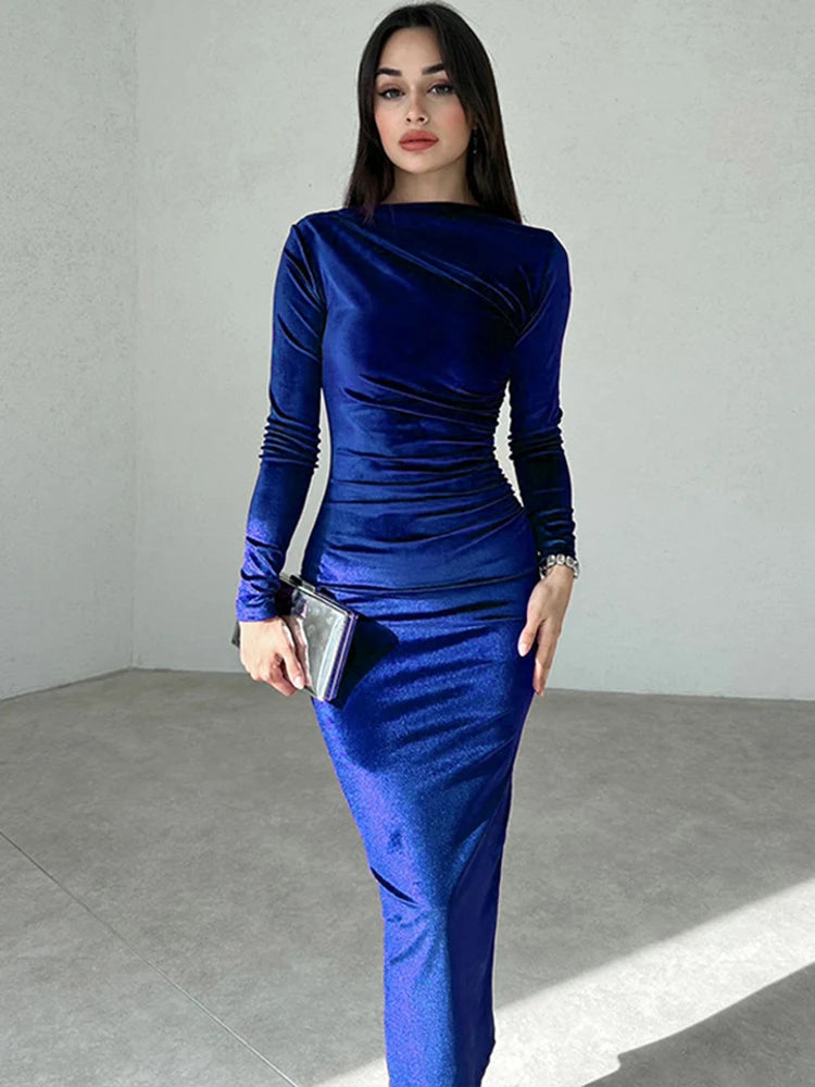 Velvet Long Sleeve Midi Dress - Elegant Party Clothes for Party