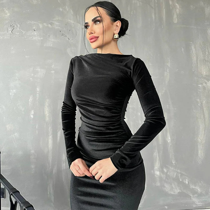 Velvet Long Sleeve Midi Dress - Elegant Party Clothes for Party