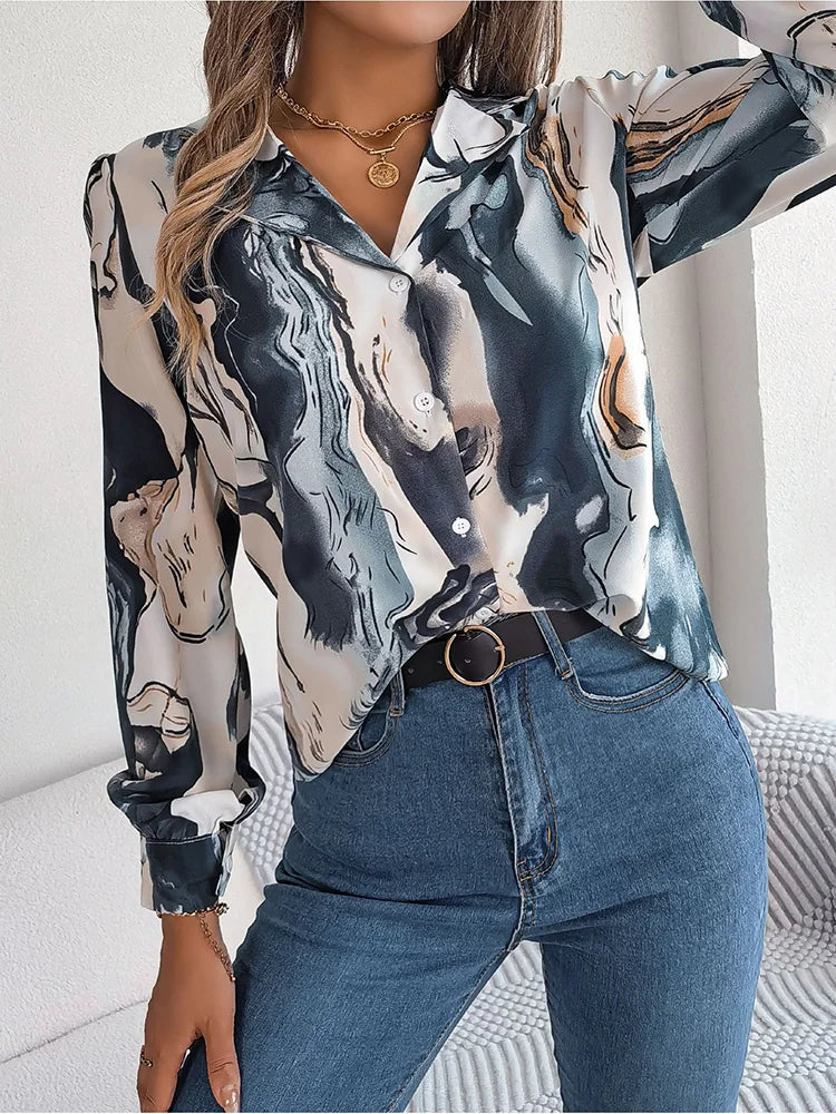 Lorene® | Marble Print Shirt Airy Summer Blouse For Women