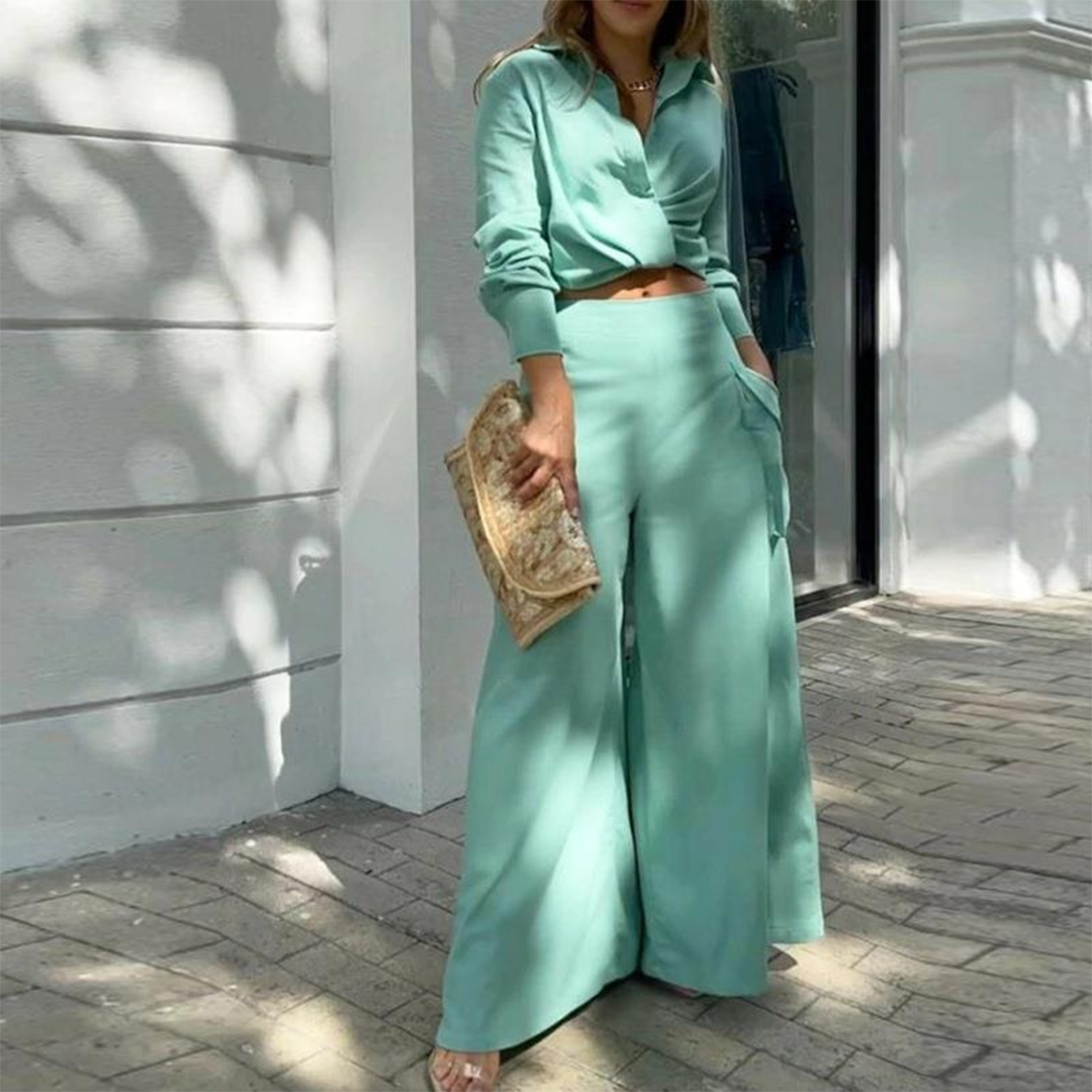 Zina® | Elegant Long-Sleeved Crop Blouse And Wide-Legged Pants