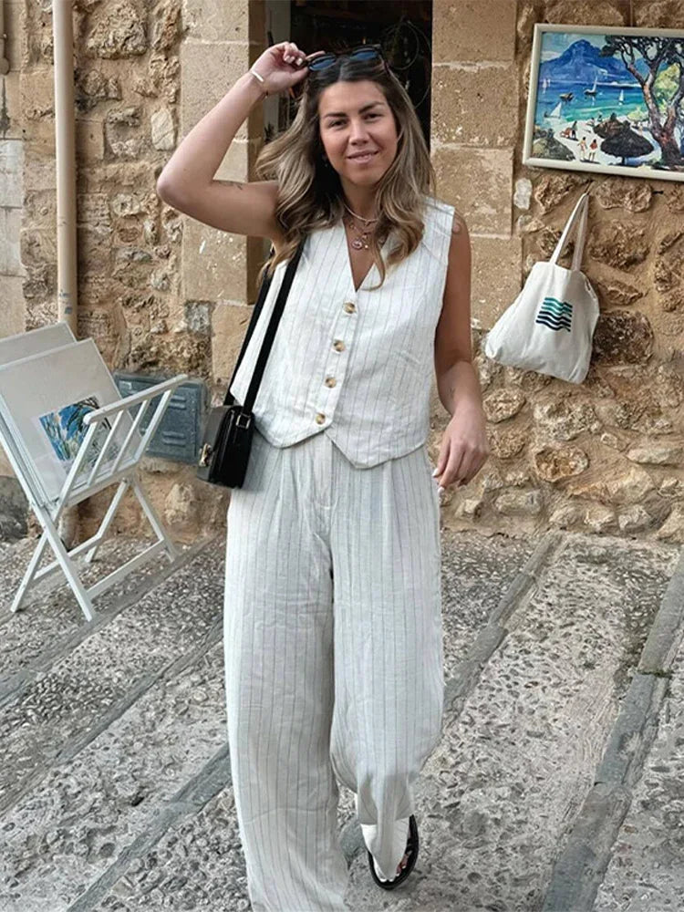 Cotton Linen Striped Wide Leg Office Two Piece Set