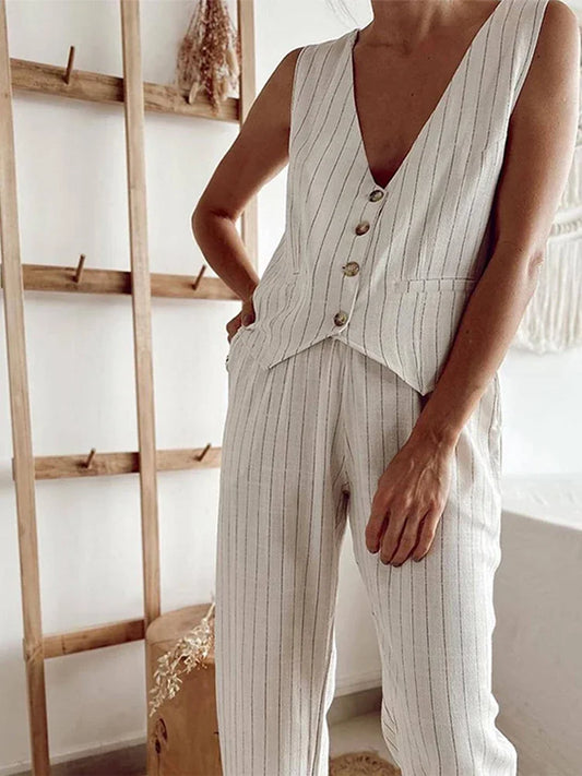 Cotton Linen Striped Wide Leg Office Two Piece Set