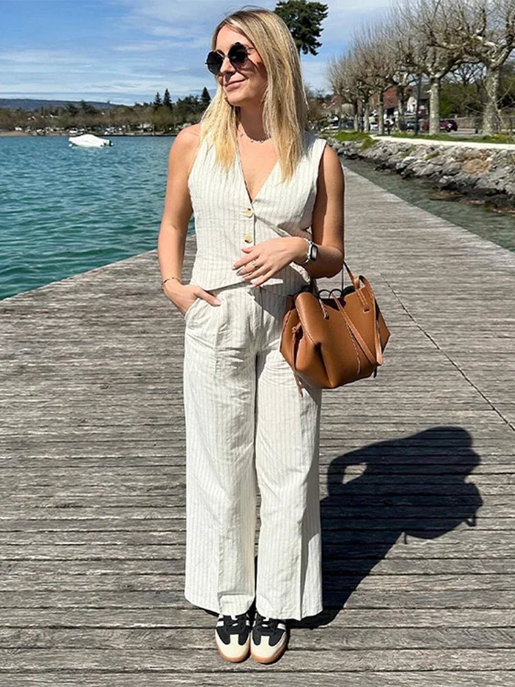 Cotton Linen Striped Wide Leg Office Two Piece Set