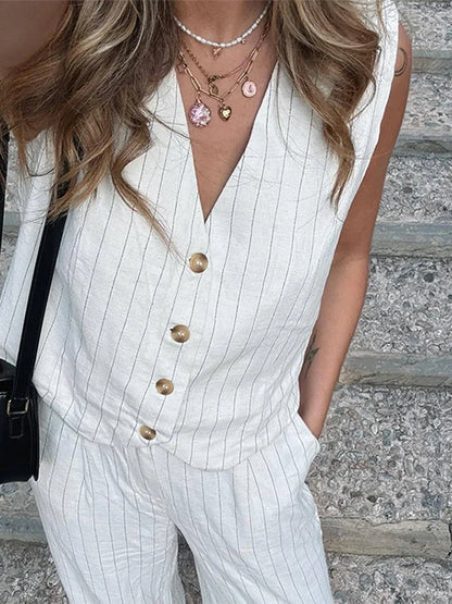 Cotton Linen Striped Wide Leg Office Two Piece Set