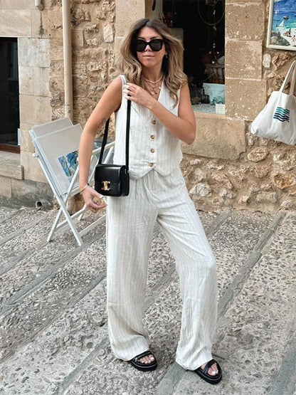 Cotton Linen Striped Wide Leg Office Two Piece Set