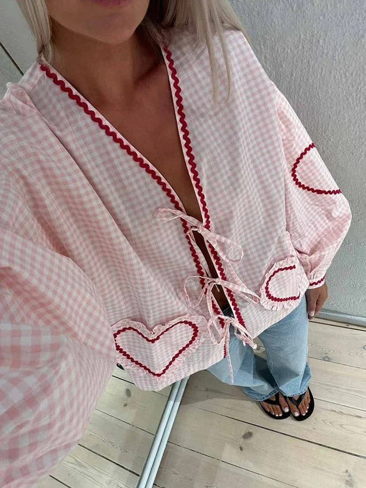 Marila® | Checked Blouse With Lace And Heart Pockets