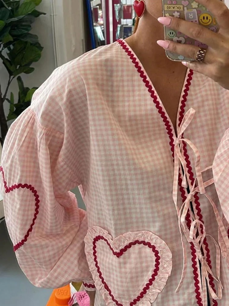 Marila® | Checked Blouse With Lace And Heart Pockets