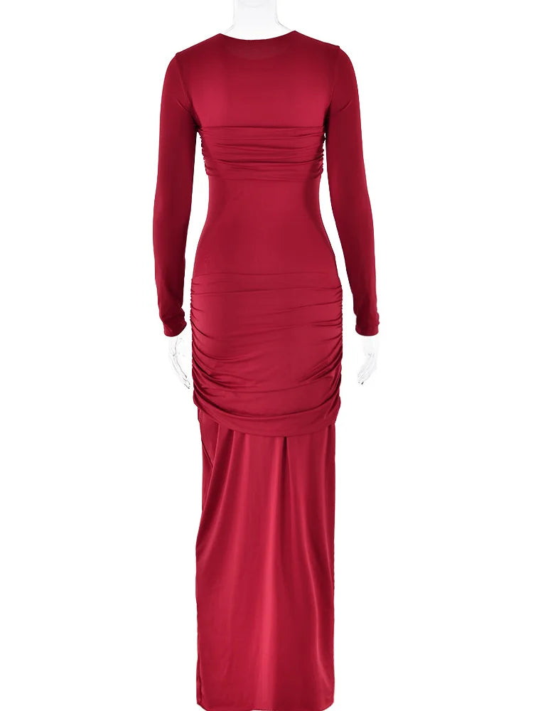 Fashion O-neck Long Sleeve High Waist Bodycon Red Party Dress