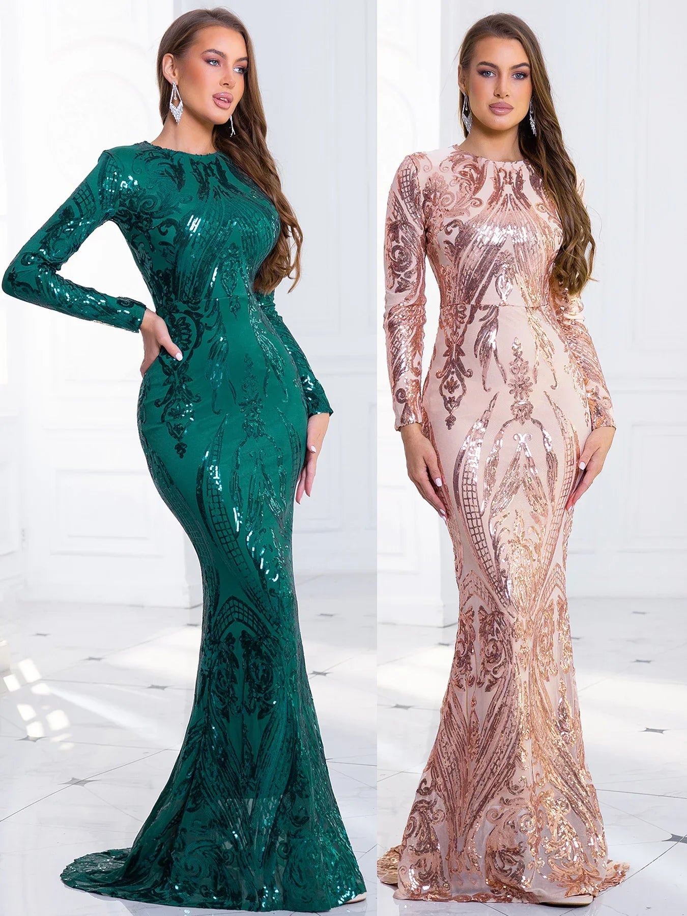 Green Stretch Sequin Long Sleeve Evening Night Prom Dress Bodycon Party Dress
