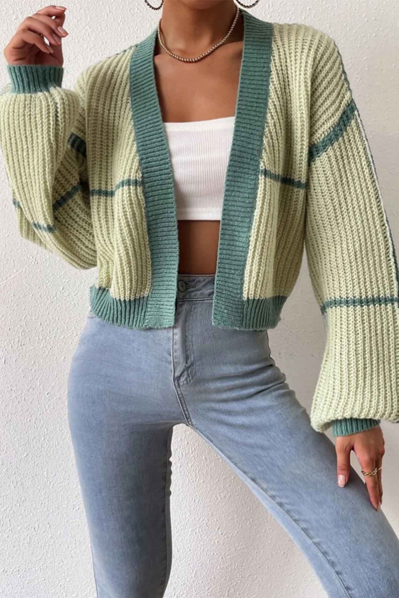 Felisa | Long sleeve open front patchwork knit cardigan