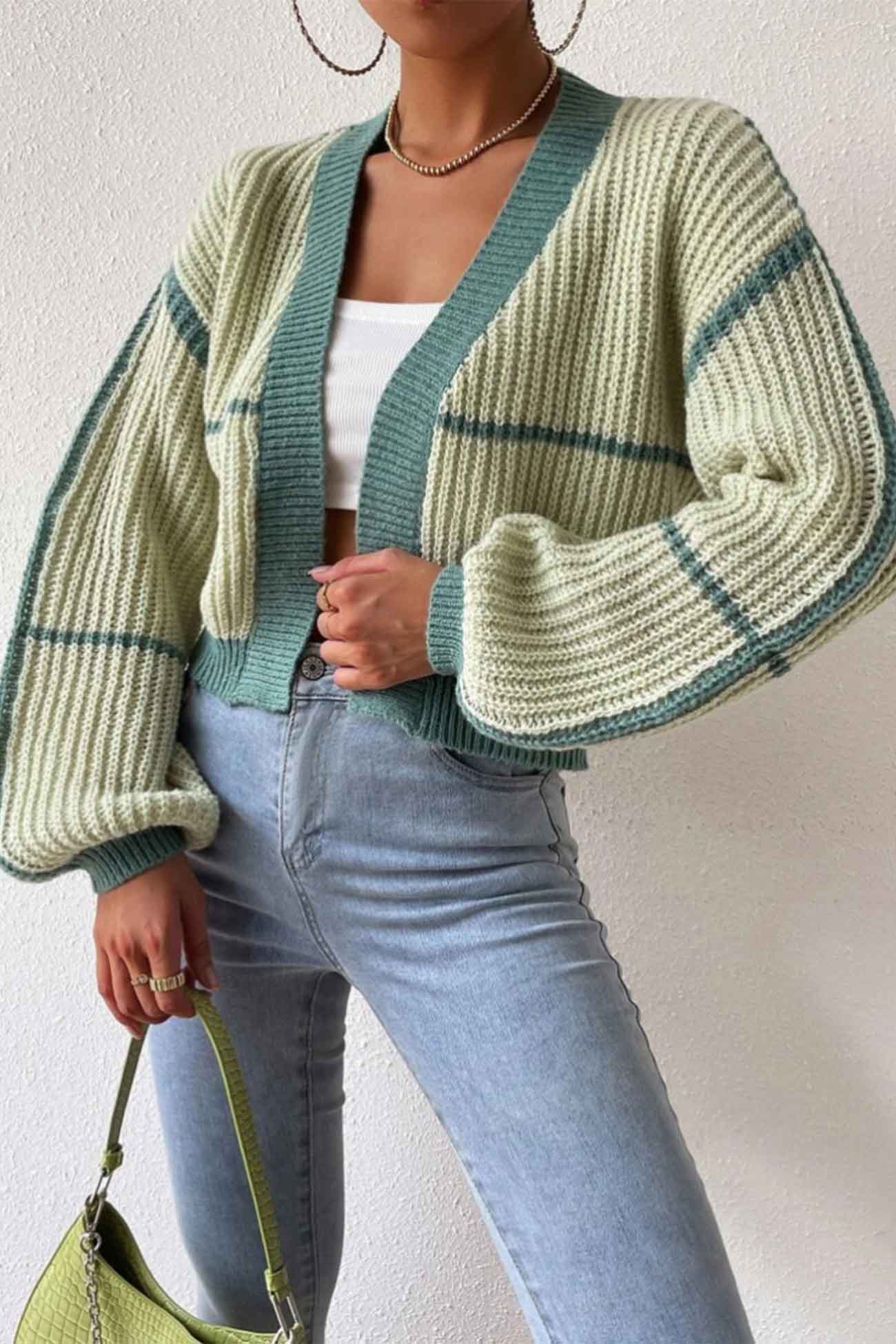 Felisa | Long sleeve open front patchwork knit cardigan