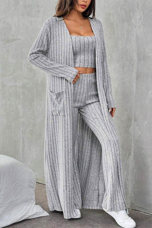 Dagny | Three-piece set of gray rib-knit cardigan