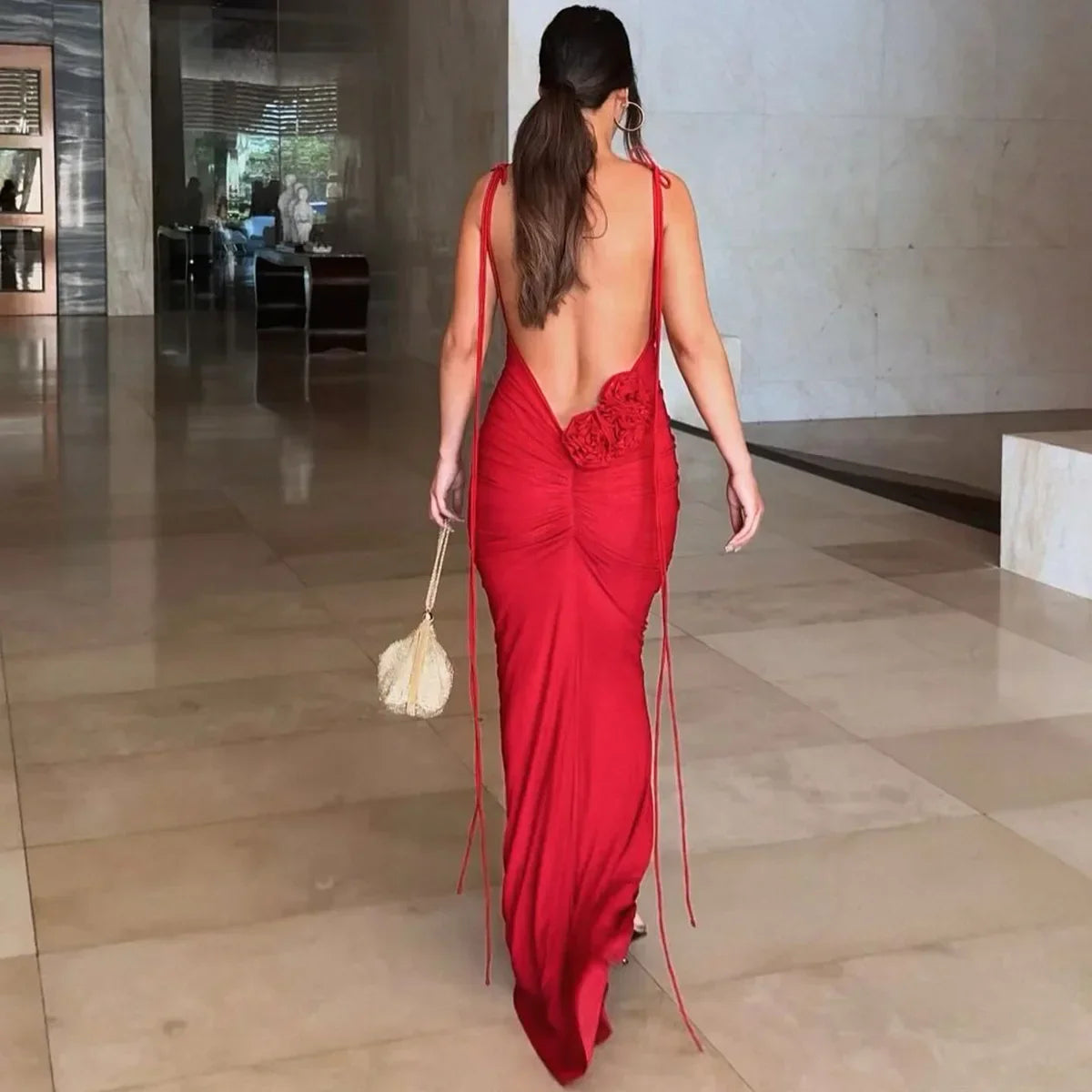 Sexy Floral-applique Backless Elegant Maxi Party Dress