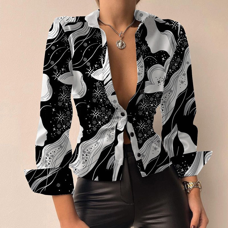 Felicidad® | V-Neck Pu Leather Printed Long Sleeve Patchwork Blouse