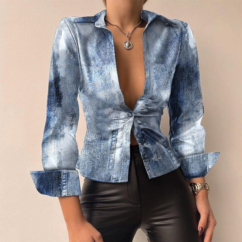 Felicidad® | V-Neck Pu Leather Printed Long Sleeve Patchwork Blouse