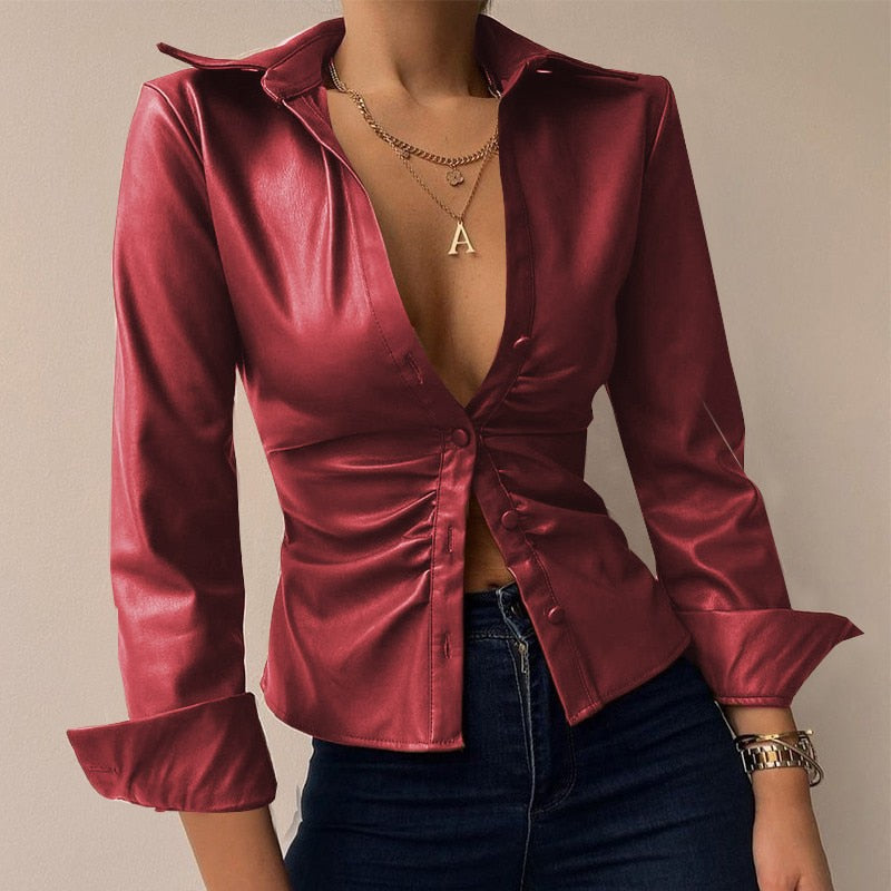 Felicidad® | V-Neck Pu Leather Printed Long Sleeve Patchwork Blouse