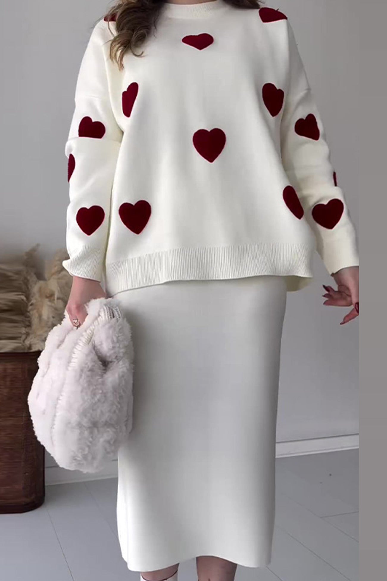 Nathalie | Heart graphic sweater and midi skirt knit suits