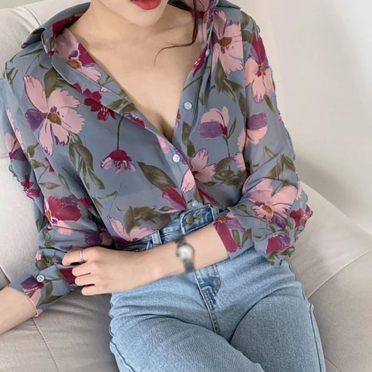 Laurena® | Blouse With Long Sleeves And Floral V-Neckline