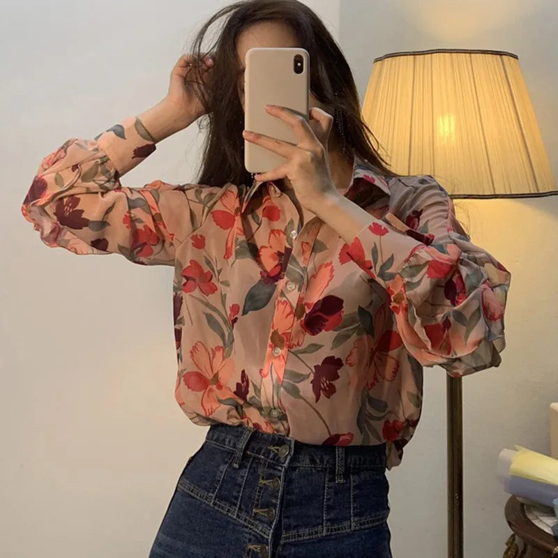 Laurena® | Blouse With Long Sleeves And Floral V-Neckline