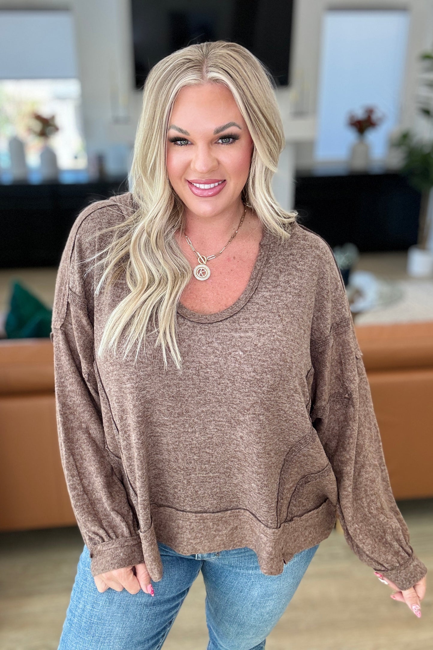 Helene | Leave It To Chance hooded scoop neck sweater in brown