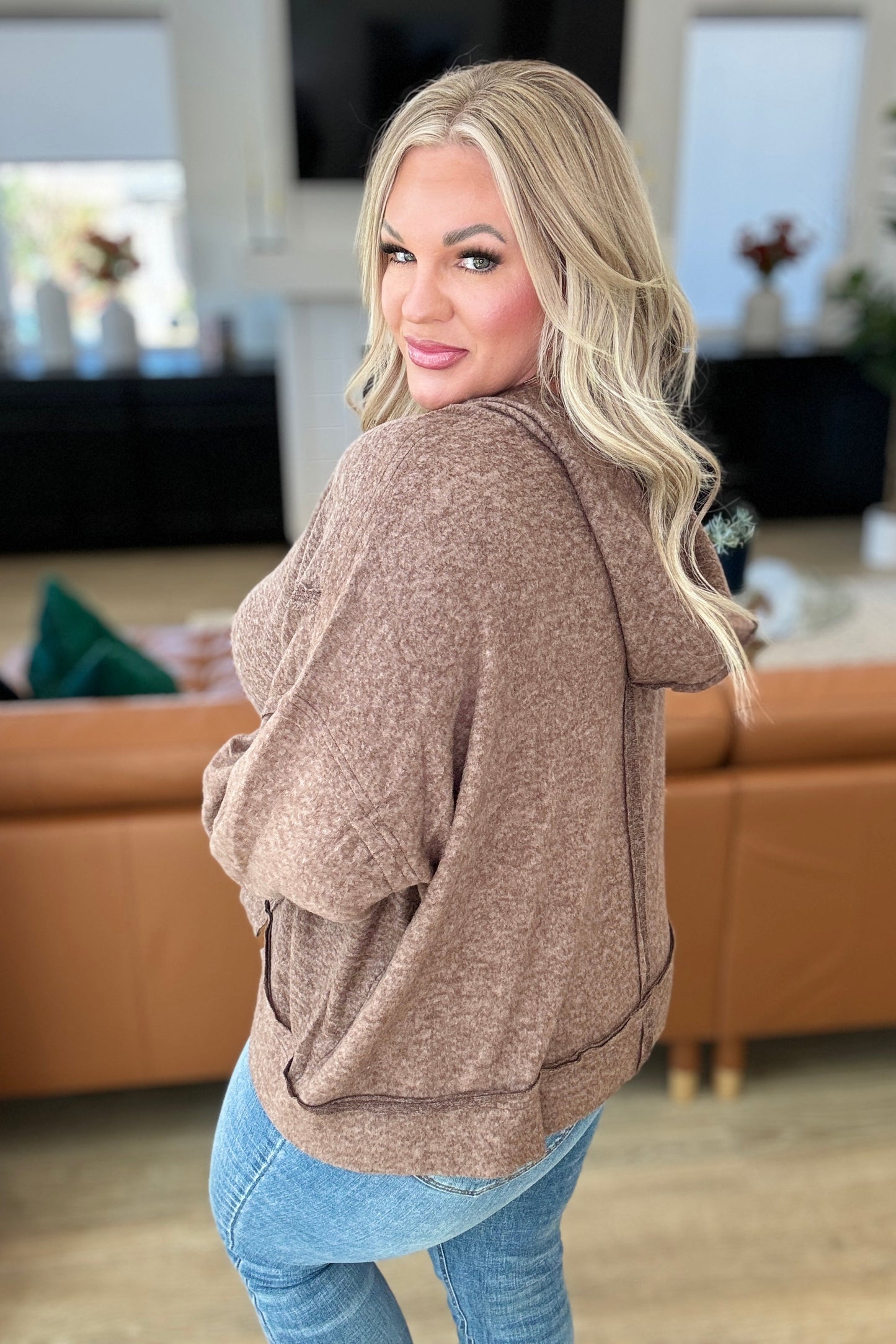 Helene | Leave It To Chance hooded scoop neck sweater in brown