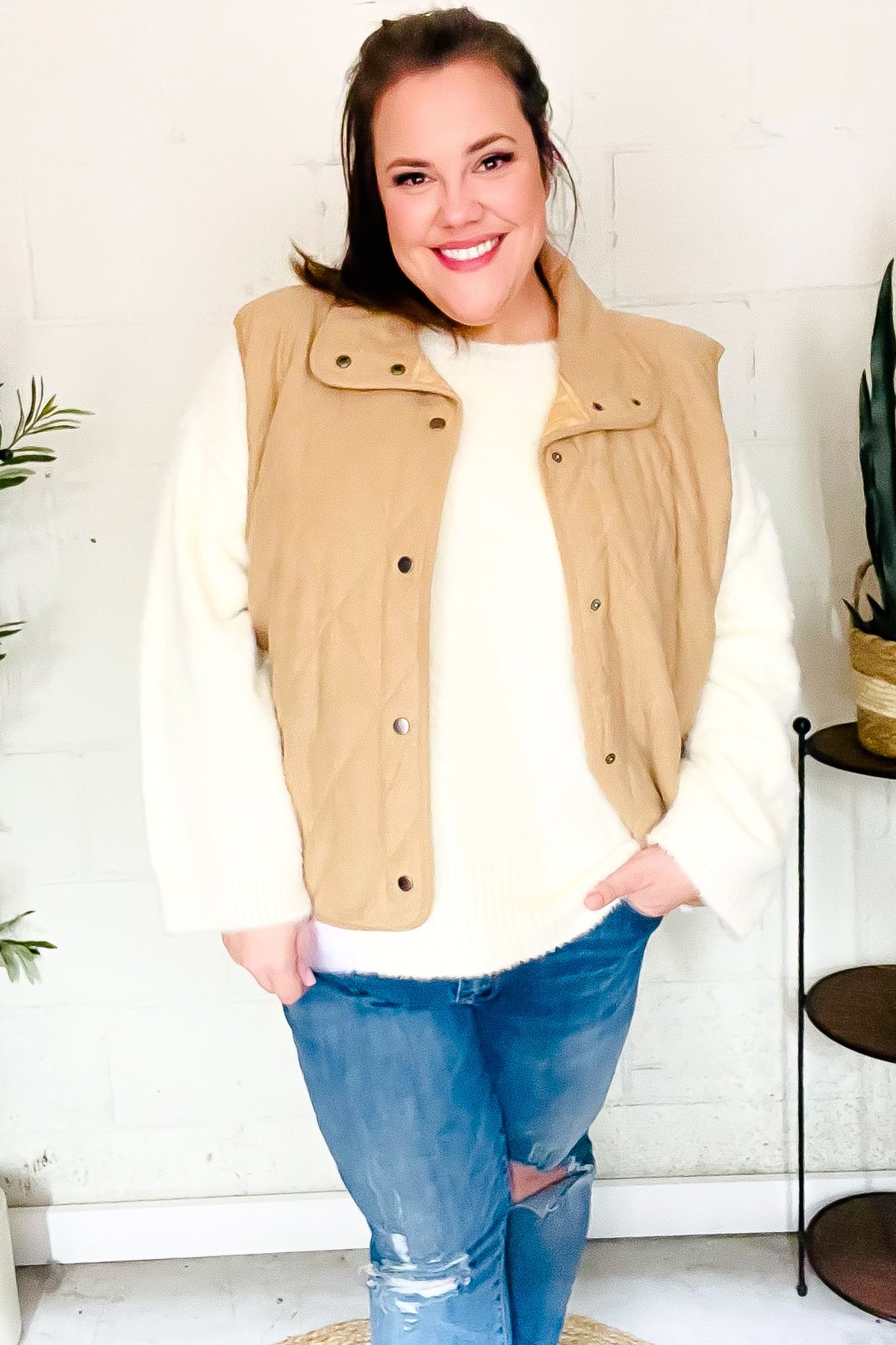 Simona | Fall Vibes Taupe Quilted Corduroy Snap Vest