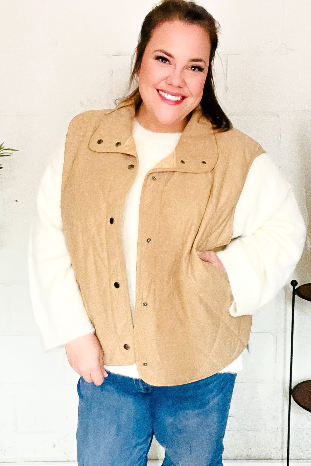 Simona | Fall Vibes Taupe Quilted Corduroy Snap Vest