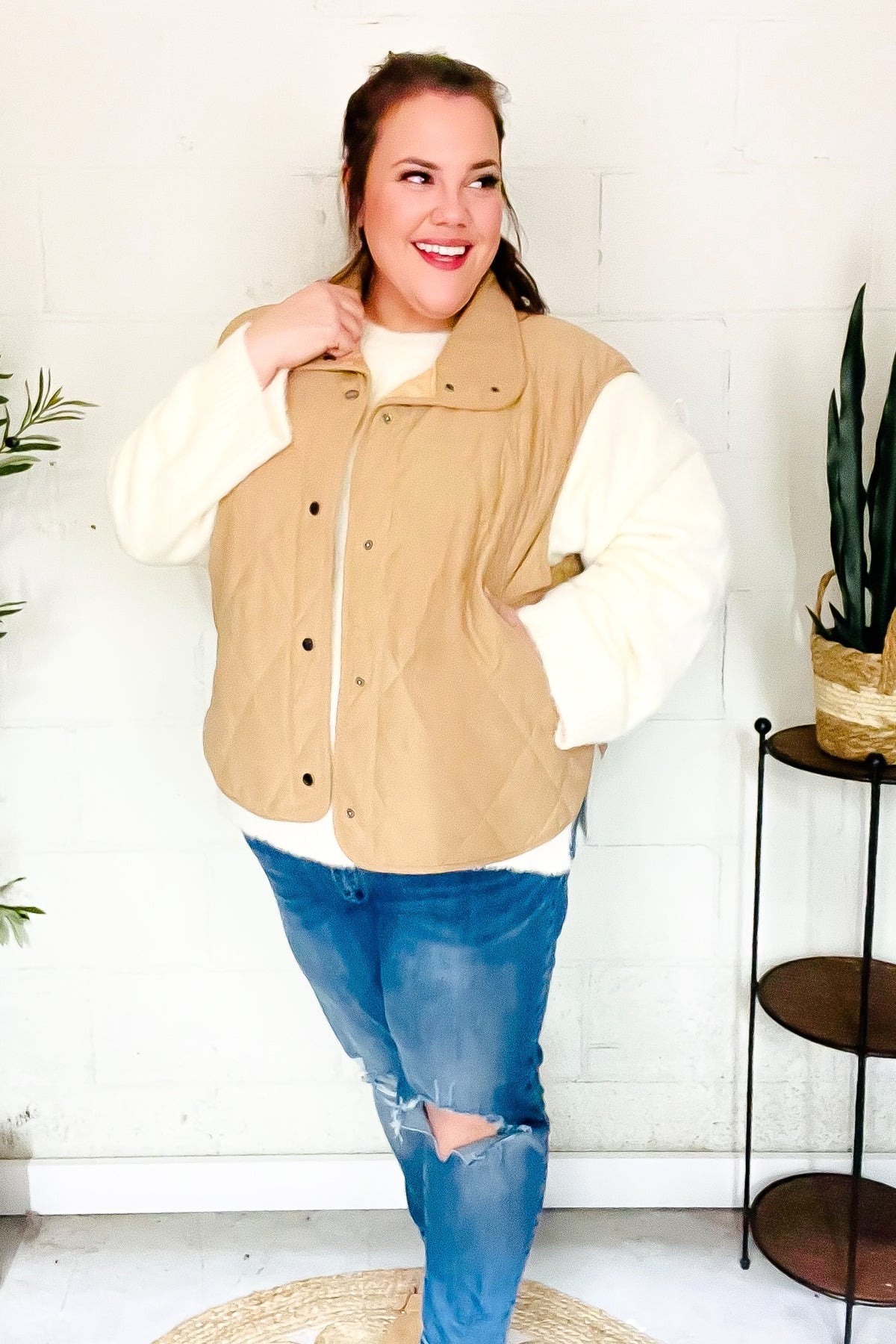 Simona | Fall Vibes Taupe Quilted Corduroy Snap Vest
