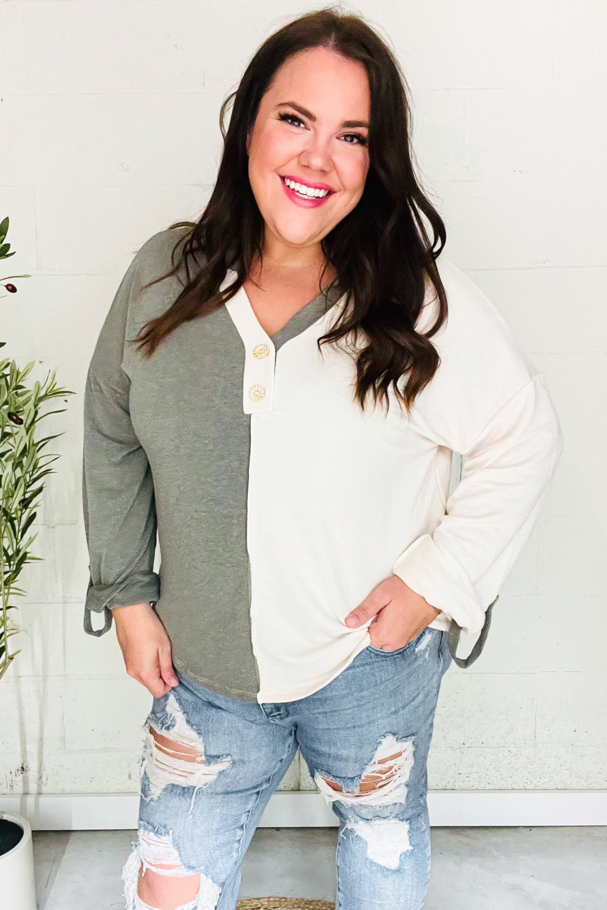 Manuela | Start your day. Olive green half and half collar top with notched neckline