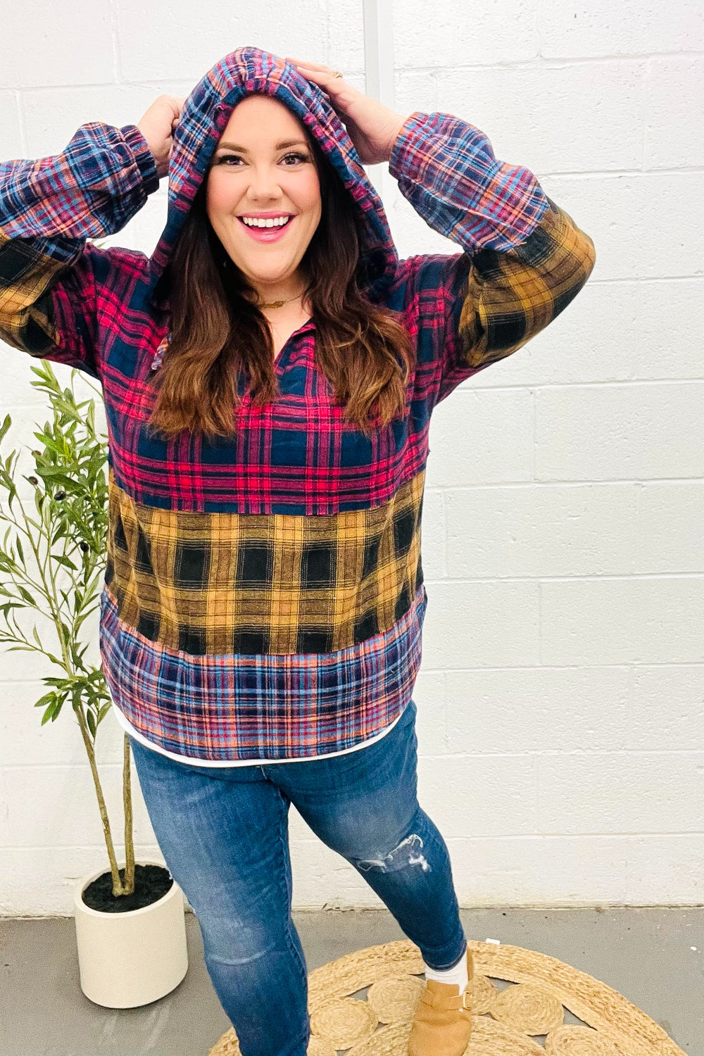 Natalia | Holiday-ready red and mustard check flannel hoodie with a notched neckline